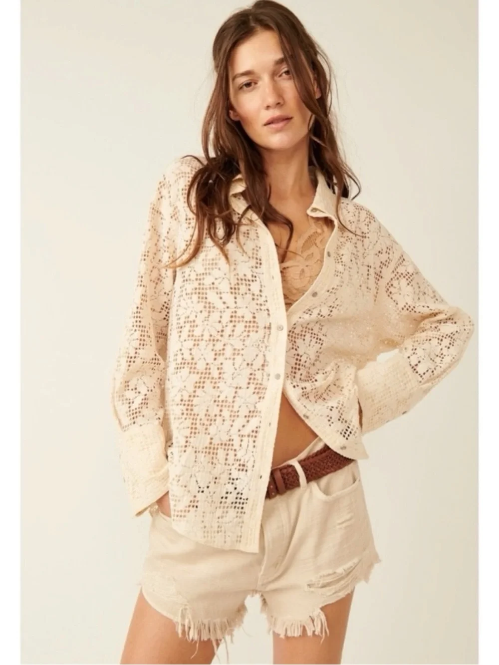 Free People Dainty Ethereal In Your Dreams Lace Button Down Shirt Ivory Large
